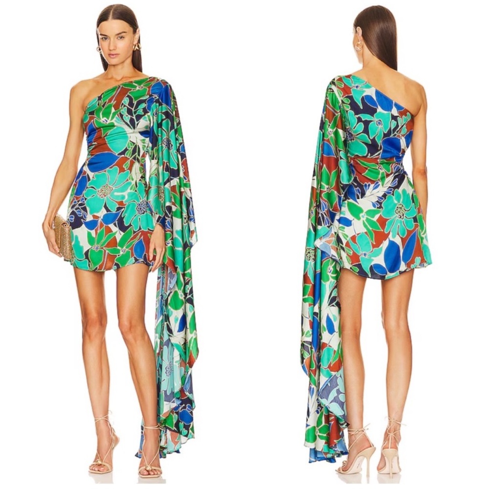 cult gaia One-Shoulder Floral Mini Dress in Green, Blue, Brown - Picture 3 of 5